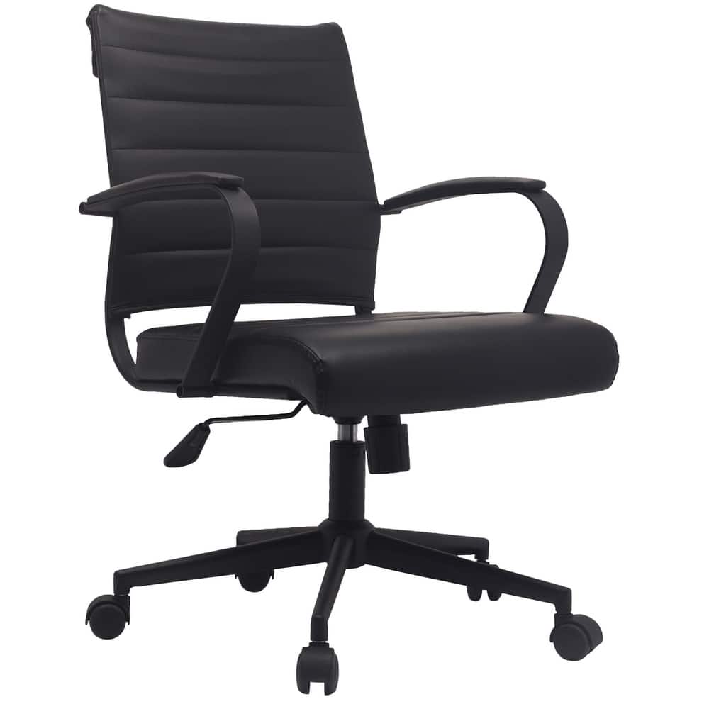Modern Set of 2 Mid Back Ribbed PU Leather Office Chairs, Swivel, Tilt, Adjustable Seat with Arms