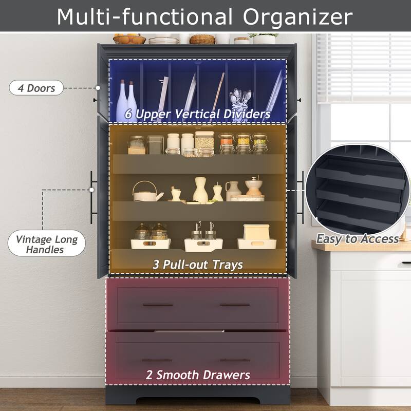 Farmhouse 72.6" Tall Kitchen Pantry with 4 Doors Storage Cabinet , 2 Drawers and Pull-out Trays for Cake Pan Storage Organizer