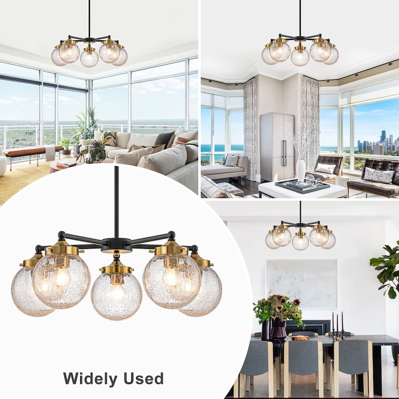 5-Light Modern Branch Chandelier with Clear Crackled Glass Globes - Dia.22.44-in