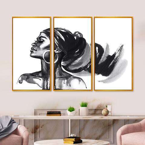 Designart 'Monochrome Portrait of African American Woman IV' Modern Framed Canvas Wall Art Set of 3 - 4 Colors of Frames