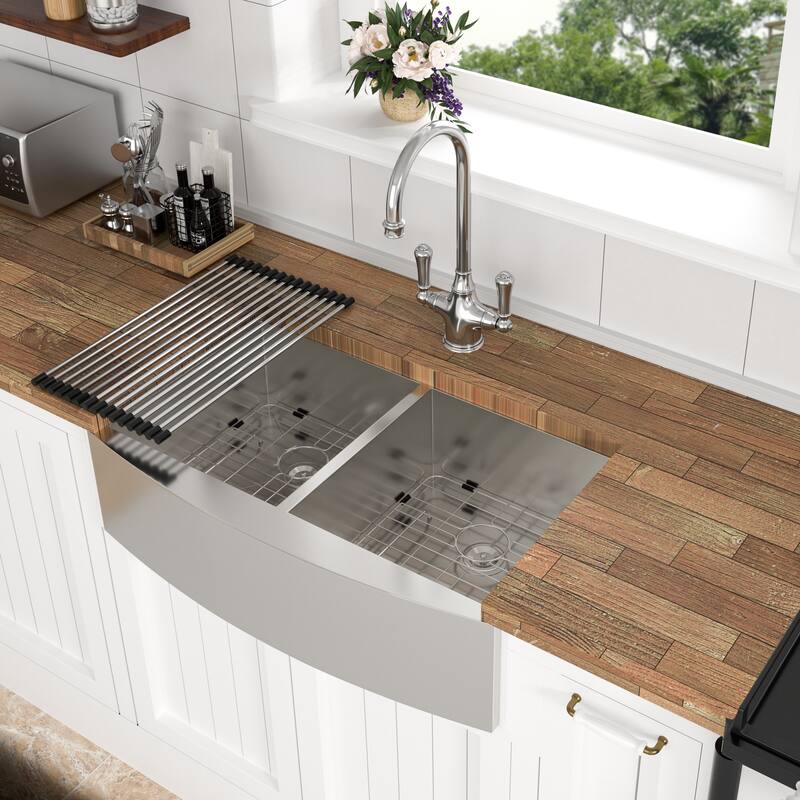 Farmhouse Double Bowl (50/50) Kitchen Sink 16 Gauge with Two 9" Deep Basin