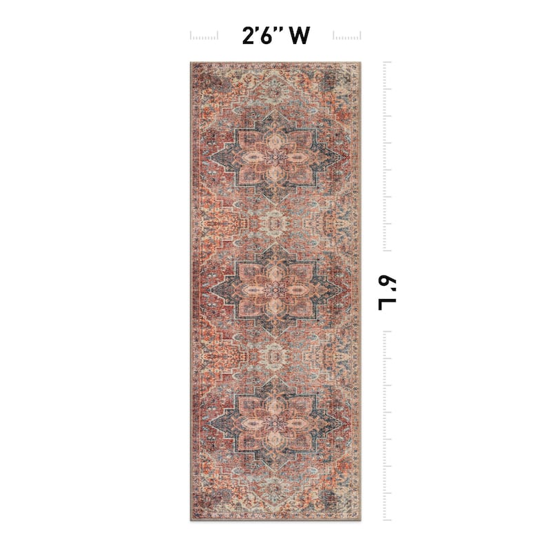 Beige Floral Medallion Washable Rug - Low Pile, Non-Slip