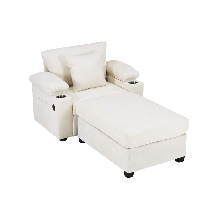 Chenille Oversized Accent Chair with Ottoman, USB Charging Ports and Convertible Sofa Bed Design
