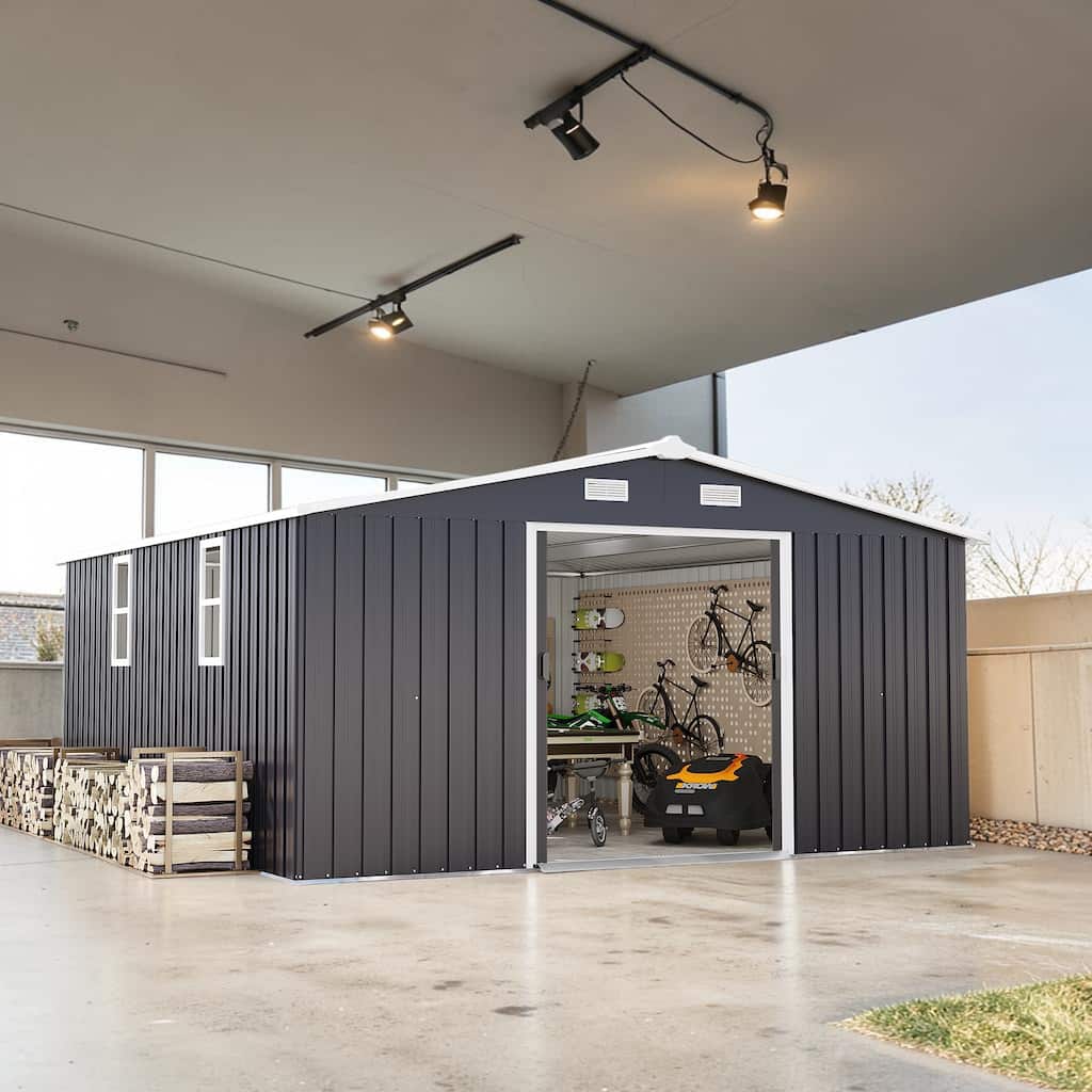 10x12 FT Metal Storage Shed with Windows, Outdoor Garden Tool Shed with Waterproof Steel Panels and Lockable Door