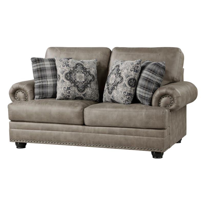 Jade 72 Inch Loveseat, Taupe Brown Microfiber, 4 Pillows, Cushioned, Wood