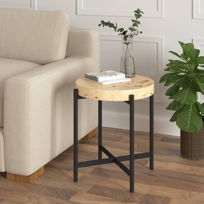 Eliana Round Burl Wood & Metal Side Table by Sevita - 20″ L x 20″ W x 22″ H