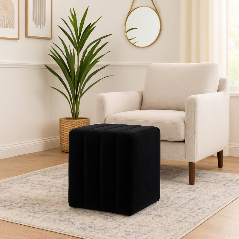 Square Upholstered Ottoman - Compact Pouf Footstool - 19", Black