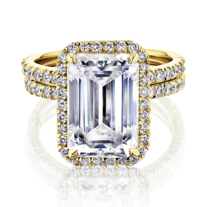 Kobelli Signature Collection 6.5 Carat Moissanite & Diamond 14k Solid Gold Emerald Halo Near Eternity Eloise Bridal Set - 8 - Yellow
