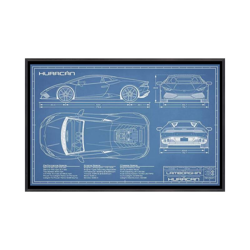 iCanvas "Lamborghini Huracan LP 610-4 Blueprint" by Action Blueprints Framed - Ebony - 18x26