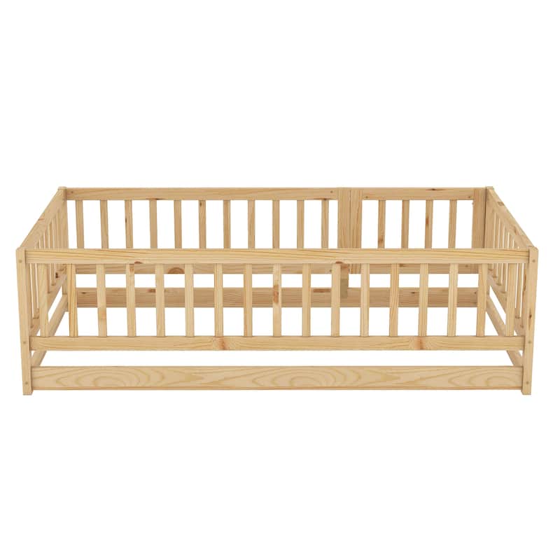 Twin Size Pine Wood Floor Panel Bed with Safety Fence and Removable Door