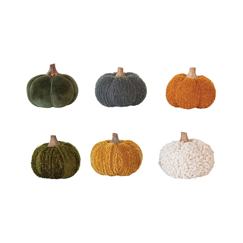 Bouclé Velvet Pumpkin Holiday Decor with Wood Stem, Set of 6