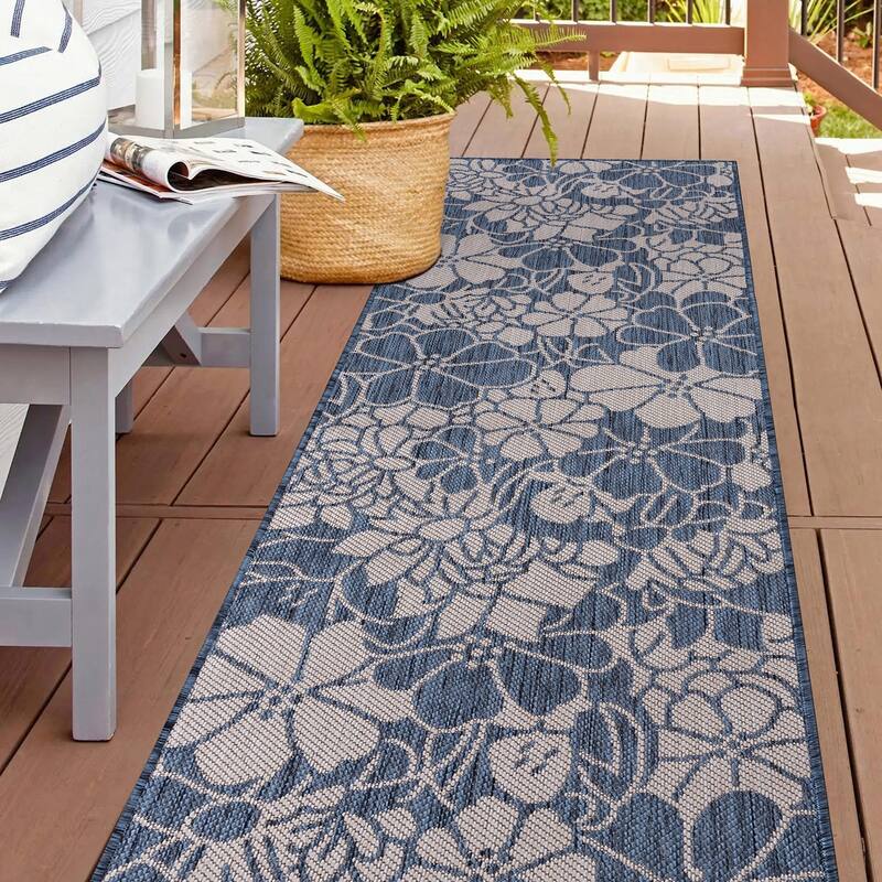World Rug Gallery Modern Floral Flowers Textured Flat Weave Indoor/Outdoor Area Rug - 2'x7' Runner - Blue