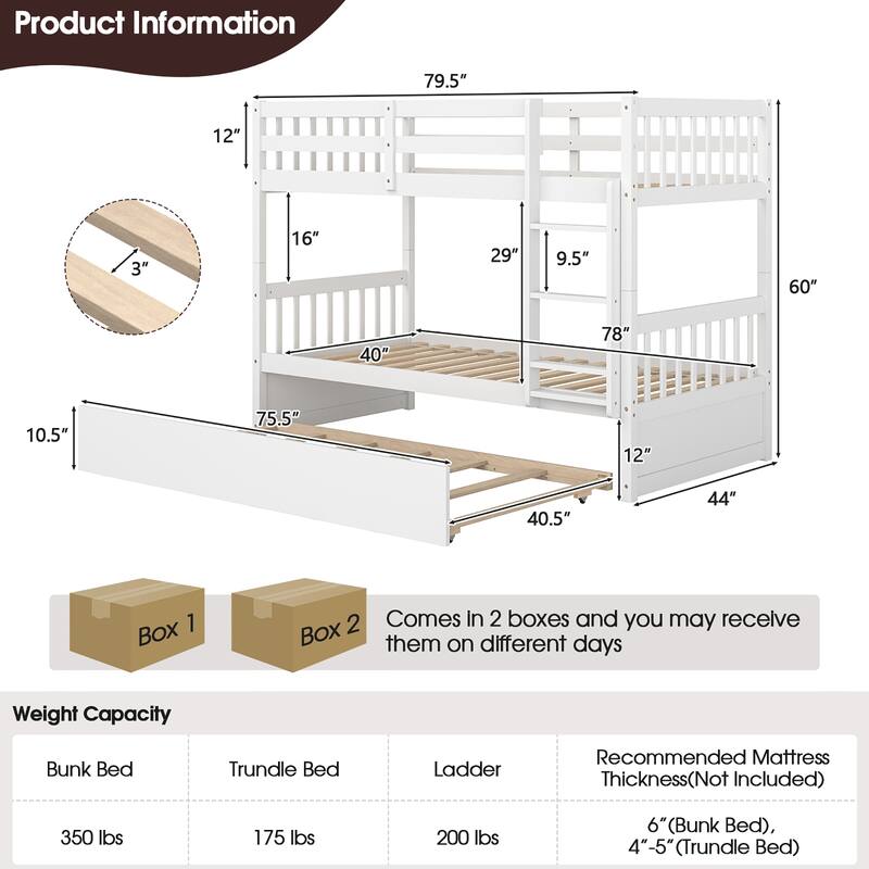 Twin Over Twin Bunk Bed with Twin Trundle Solid Wood Frame