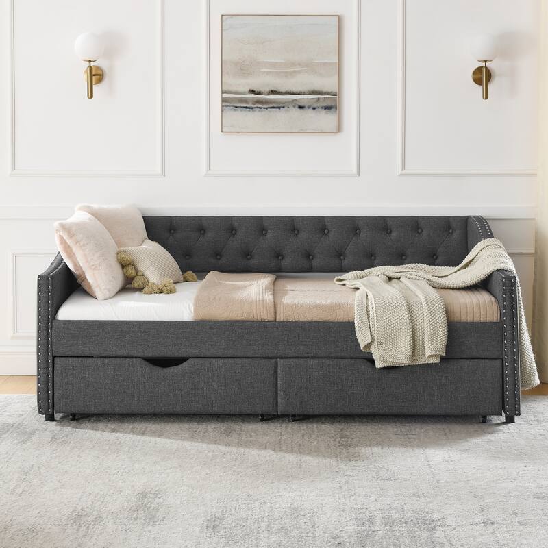 Twin Size Linen Upholstered Daybed Frame with 2 Drawers, Buttons Tufted Backrest, Copper Nail Decoration