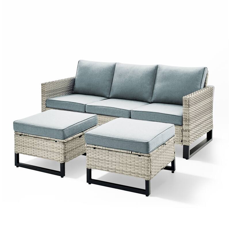 3 Pieces Outdoor Wicker Sofa with Ottomans Light Grey - Baby Blue - Light Grey