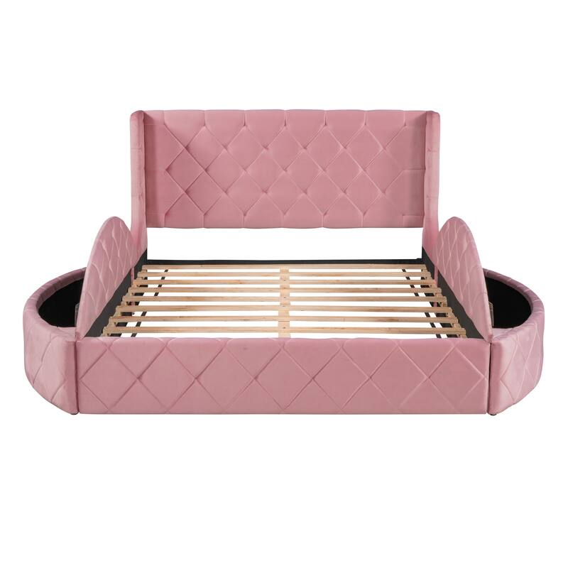 Queen Size Upholstered Platform Bed with Wingback Headboard, Storage Drawer, and Side Stools in Velvet