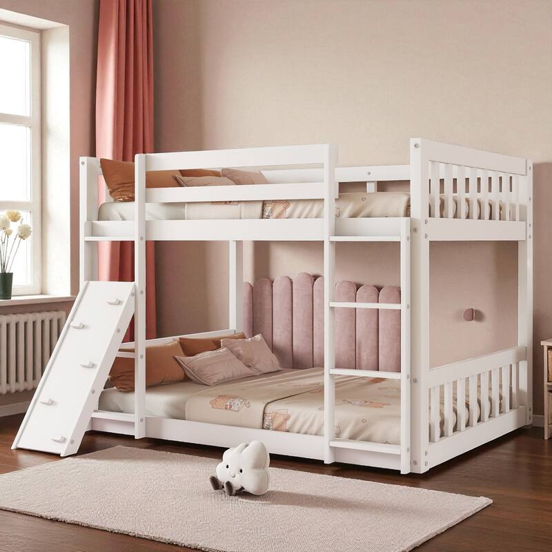 Twin Over Twin Floor Bunk Bed with Climbing Ramp and Ladder, Pine Wood Playhouse Bed with Safety Guardrails for Kids