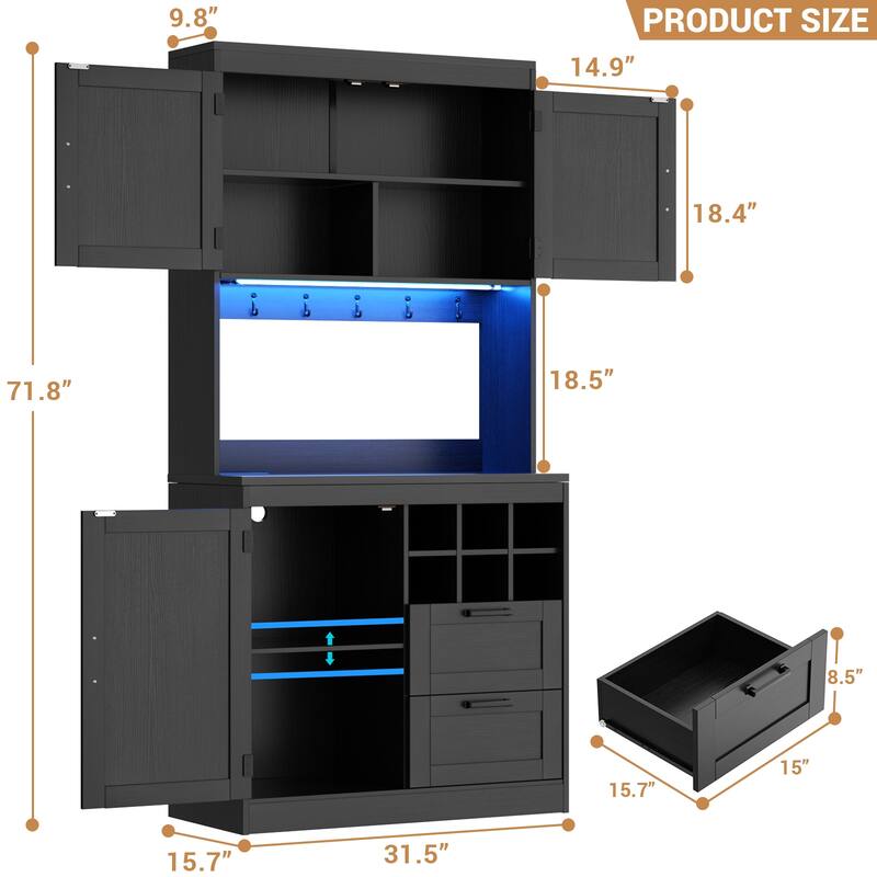 Farmhouse 72" Tall Kitchen Pantry Cabinet with Charging Station, Coffee Bar Cabinet with Hutch and LED Light