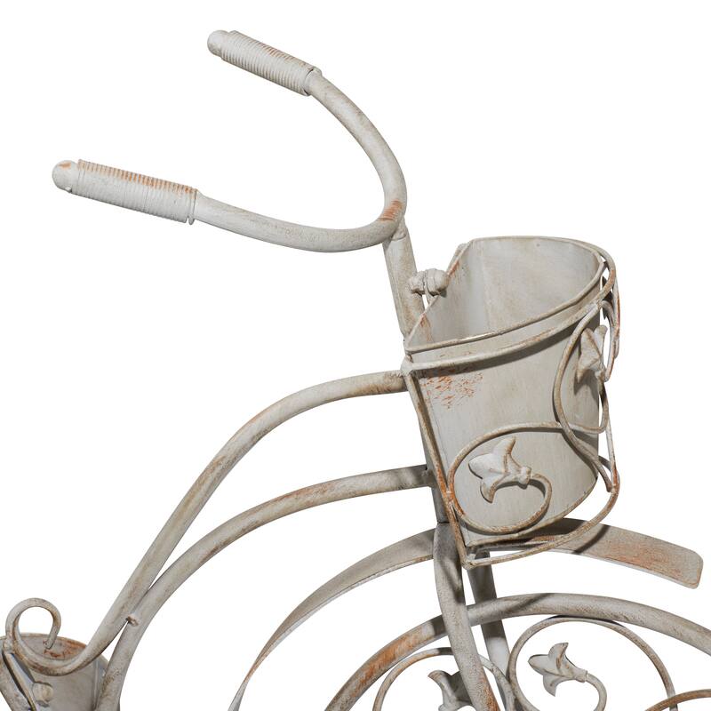 Gray Metal Distressed Indoor Outdoor Scroll 3 Tier Bike Indoor Outdoor Plantstand with Fleur De Lis Wheels