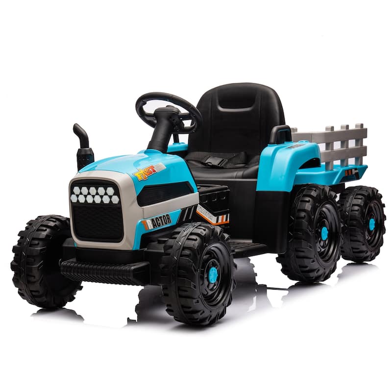 24V Kids Electric Ride-On Tractor with Trailer, Remote Control, Bluetooth & LED Lights - Blue