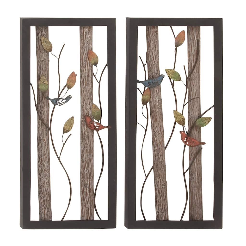 Metal Bird Wall Decor with Tree Branches and Colorful Leaves - Black - Roche River Decor