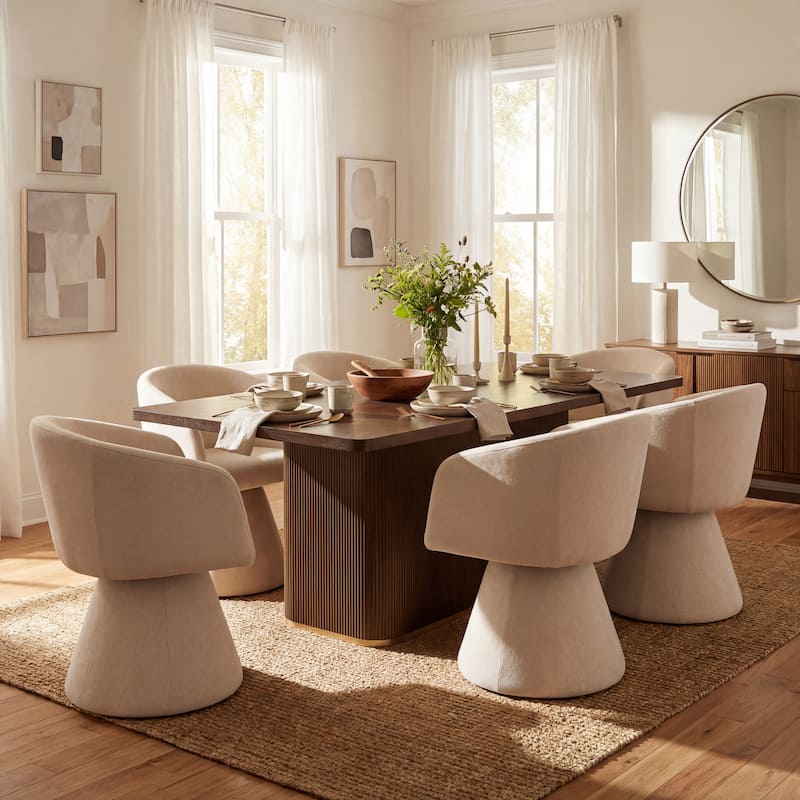 Christopher Knight Home - Melville 7-Piece Upholstered Swivel Dining Set with 84" Rectangular Pillar Base Dining Table - Walnut+Oatmeal