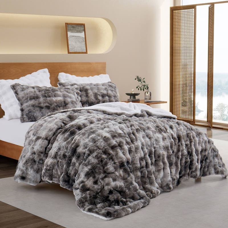 3 Pieces Fluffy Faux Rabbit Fur Comforter Set, Plush Fuzzy Bedding Set for Winter