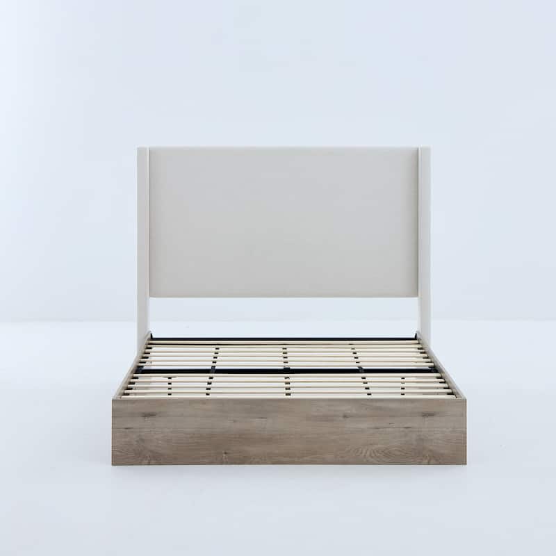 Rustic Modern Farmhouse Upholstered Wingback Bed with Textured Ivory Canvas Chenille, Queen Size, Sturdy Wooden Base