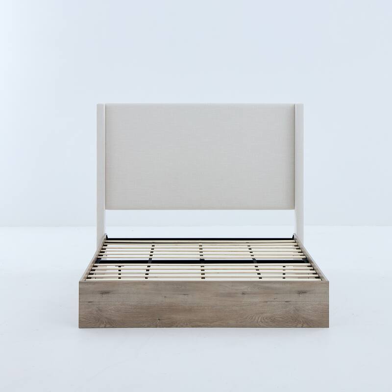 Shelton Upholstered Wingback Bed / 54" High Headboard / Wood Base / Rustic / Modern Farmhouse / Neutral / Scandinavian, Queen