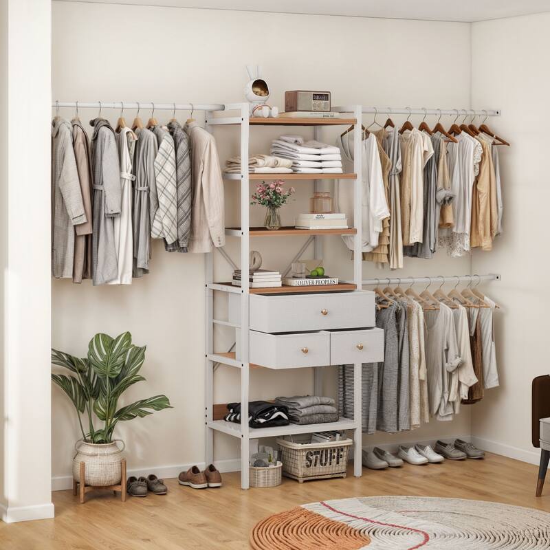 Wall-Mounted Clothing Storage Rack Multi-Functional Closet Organizer System with Adjustable Rods and Shelves
