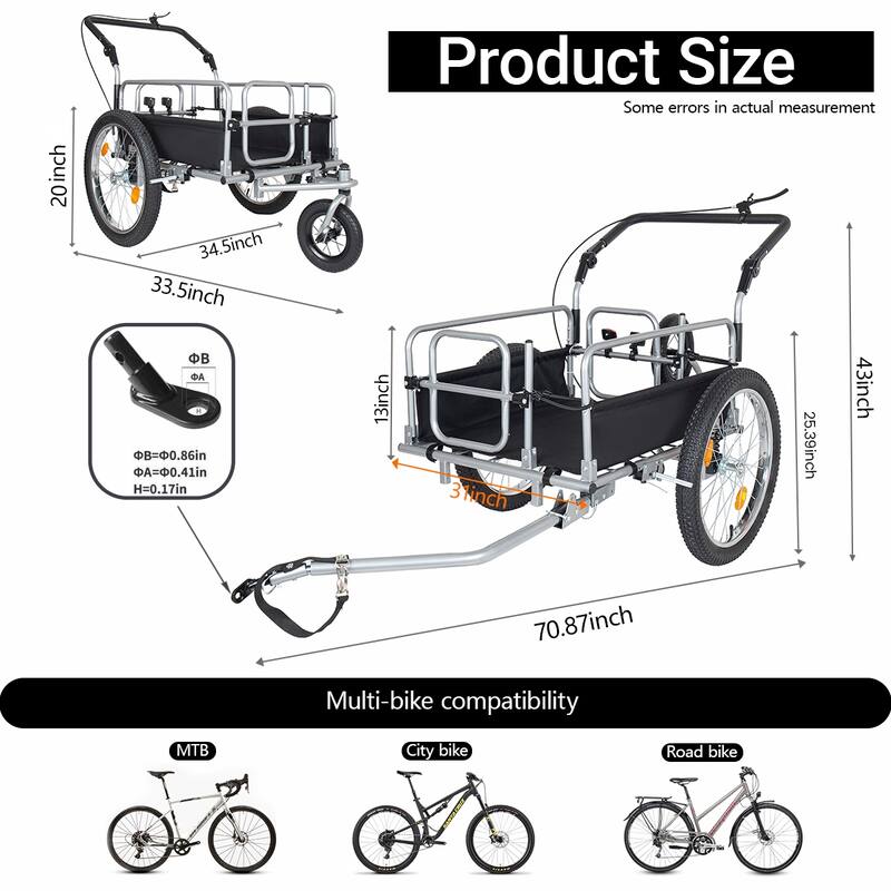 3-in-1 Heavy-Duty Bike Cargo Trailer, Upgraded 20" Wide Fat Tires, 150lbs Capacity, Steel Frame, Convertible Stroller Pull Cart