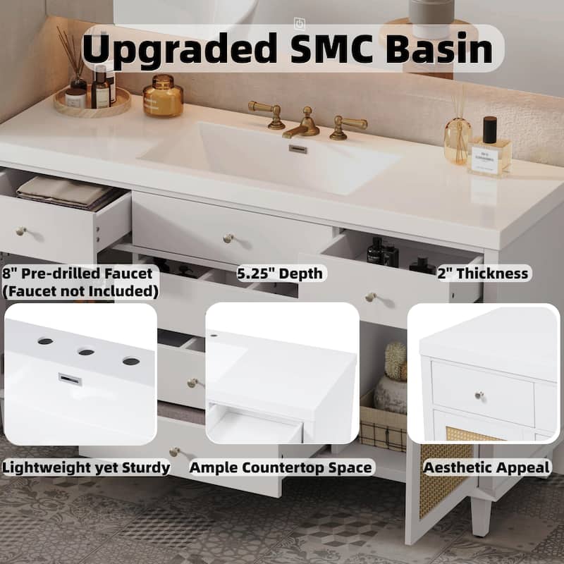 60" Bathroom Vanity with SMC Sink - Modern Large Storage Cabinet with Soft Close Drawers and Rattan Doors