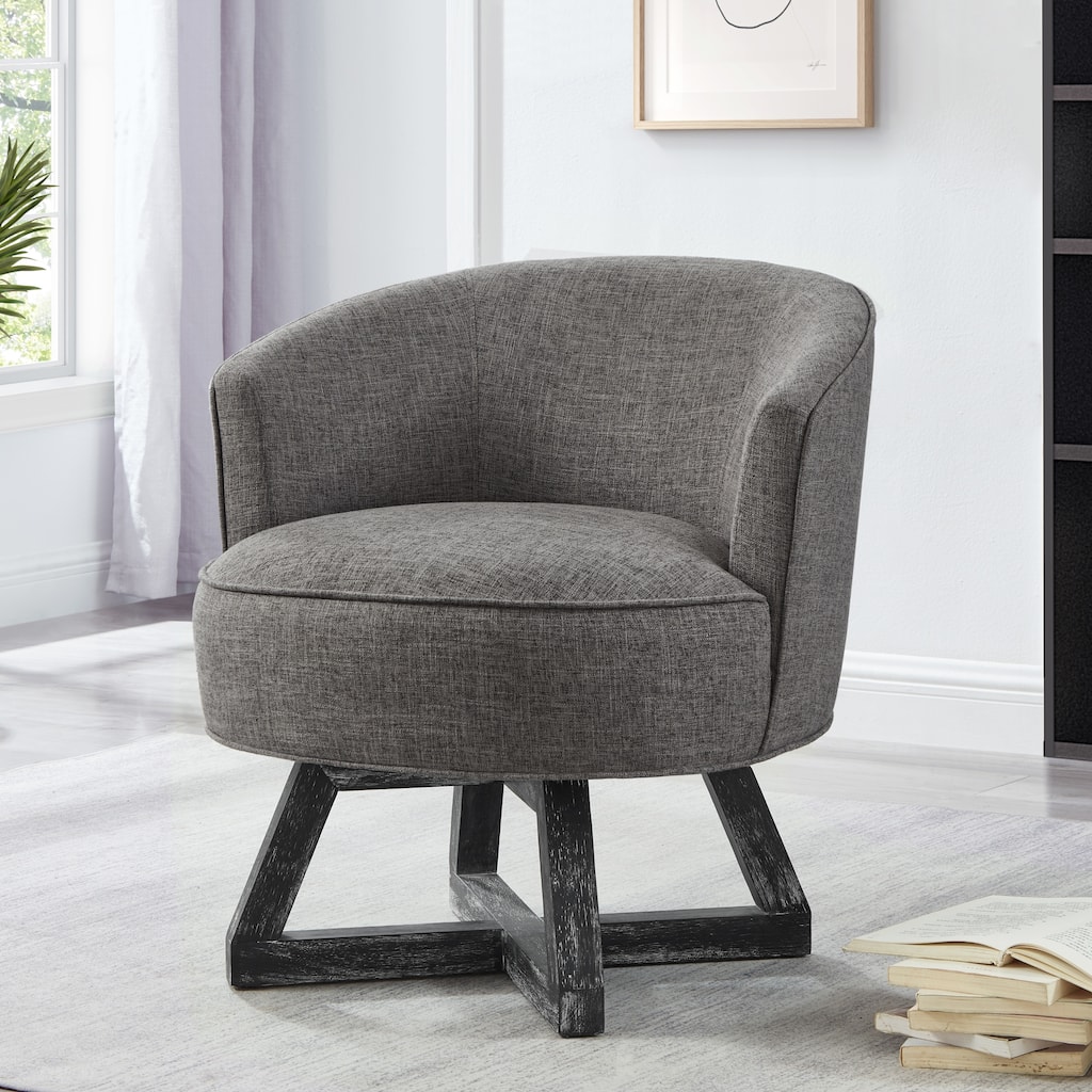Dark Gray Modern 27" Linen Upholstered 360° Swivel Barrel Chair with Cross-Shaped Base and Solid Wood Legs