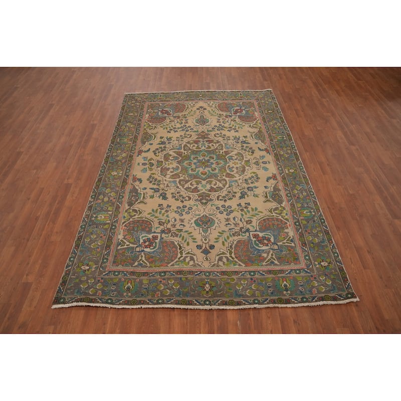 Hand Knotted Oriental 100% Wool Carpet Traditional Floral Beige & Ivories Tabriz Area Rug - 9' 5'' X 6' 5''