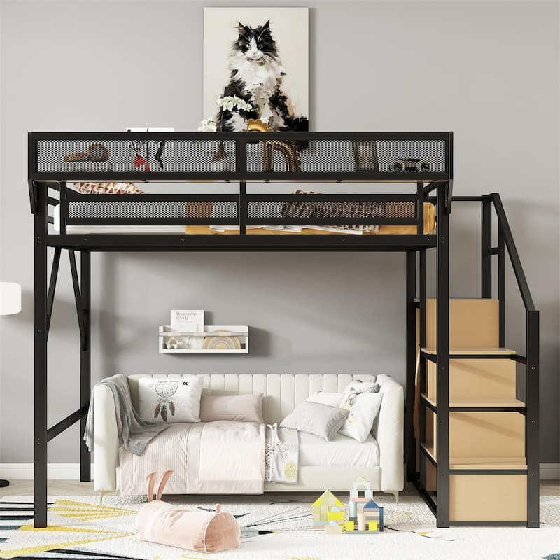 Queen Size Loft Bed with Stairs,Metal Queen Loft Bed w/Storage Shelves