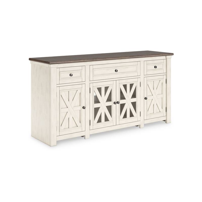 Bolan TV Media Console, White, Weathered Gray Wood, Metal, 73 Inch