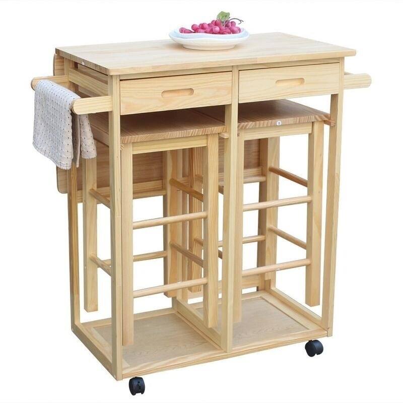 Square Solid Wood Folding Dining Cart with 2 Free Stools Natural - Burlywood