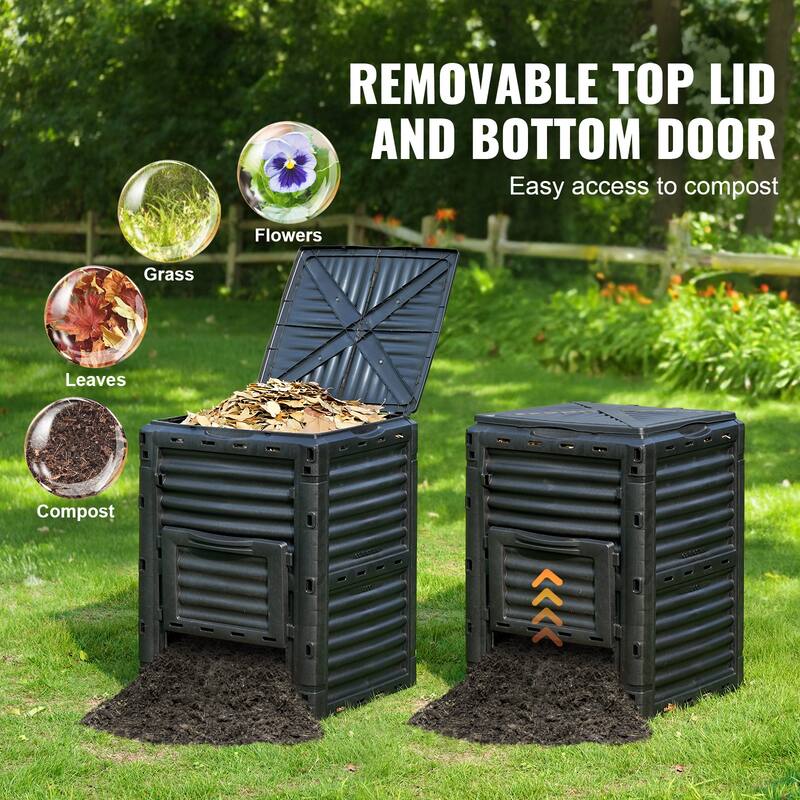 Garden Compost Bin 80 Gal, BPA Free Composter, Large Capacity Outdoor Composting Bin with Top Lid and Bottom Door - 80 Gal
