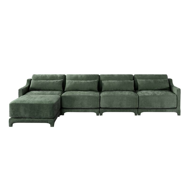 Modern Chenille 4-Seater Sofa with 2 Ottoman, Lumbar Cushions, Ergonomic Backrest, High-Resilience Spongeand Tufted Armrests