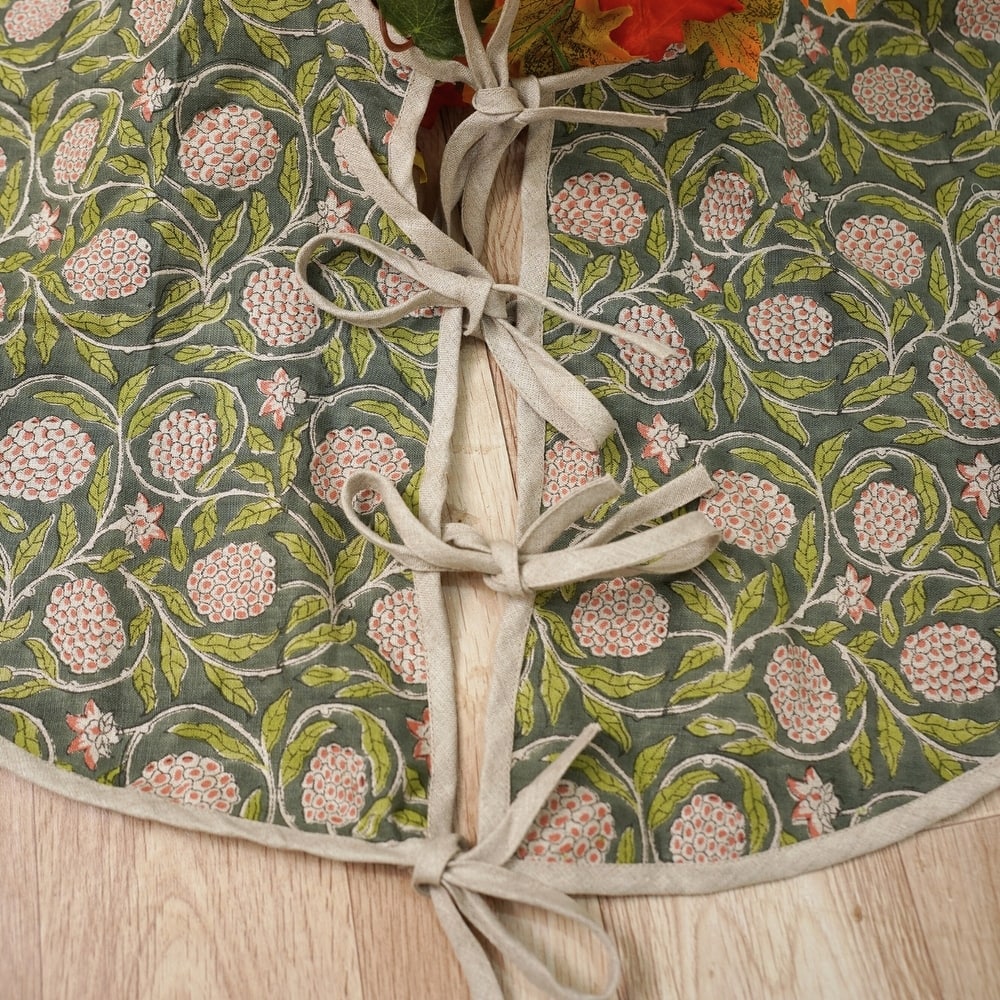 Fabdivine Hand Block Floral Soft Pure Linen Fabric Home Décor Christmas Tree Skrit