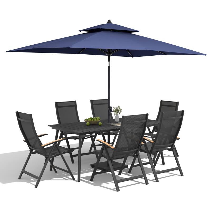 9/11-Piece Outdoor Patio Dining Set Aluminum Dining Table and Folding Chairs w/10 ft Umbrella and Base