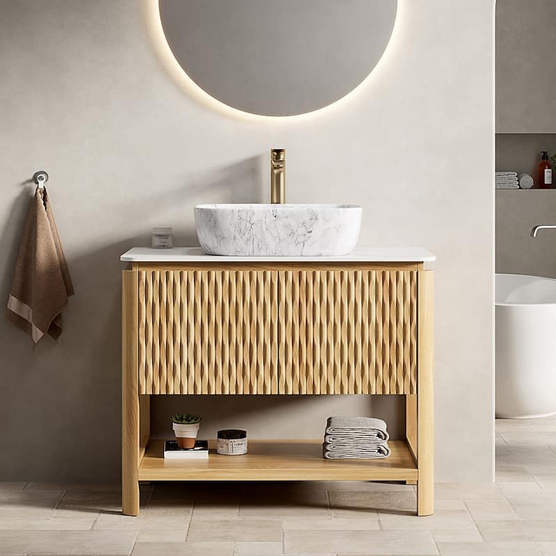 Freestanding Bathroom Vanity in Natural Wood with Carrara White Sintered Stone Top and Vessel Ceramic Basin - 35.83'' x 19.69'' x 34.65''