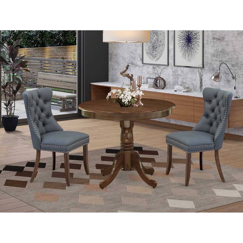 HomeStock 3-Piece Antique Walnut Finish Solid Wood Top - Round Upholstered Dining Room Set - Seats 4