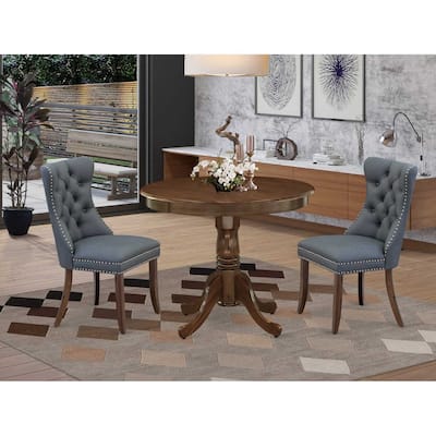 HomeStock 3-Piece Antique Walnut Finish Solid Wood Top - Round Upholstered Dining Room Set - Seats 4