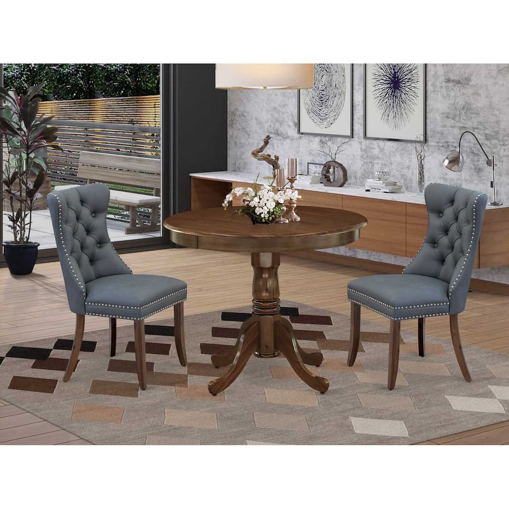 HomeStock 3-Piece Antique Walnut Finish Solid Wood Top - Round Upholstered Dining Room Set - Seats 4