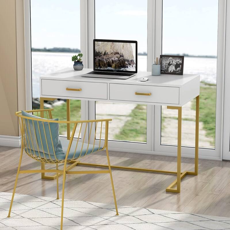 40 Inch Small Desk with Drawers - White+Gold