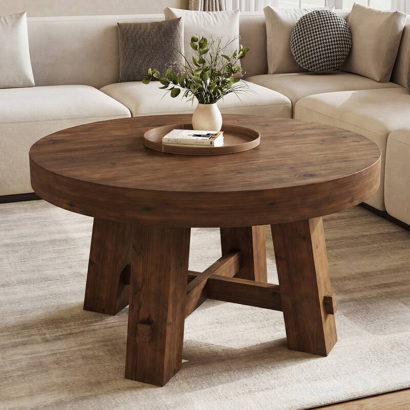 31.5-Inch Solid Wood Coffee Table, Round Center Table for Living Room, Apartment