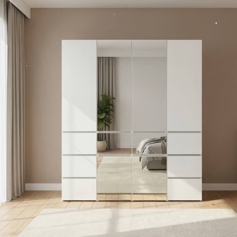 Elise Modular Wood Closet System with Mirror in White - 62.8"D x 17.72"W x 70.9"H