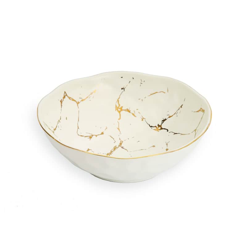White Porcelain Bowl with Gold Marble Design - 7"D