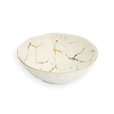 White Porcelain Bowl with Gold Marble Design - 7"D